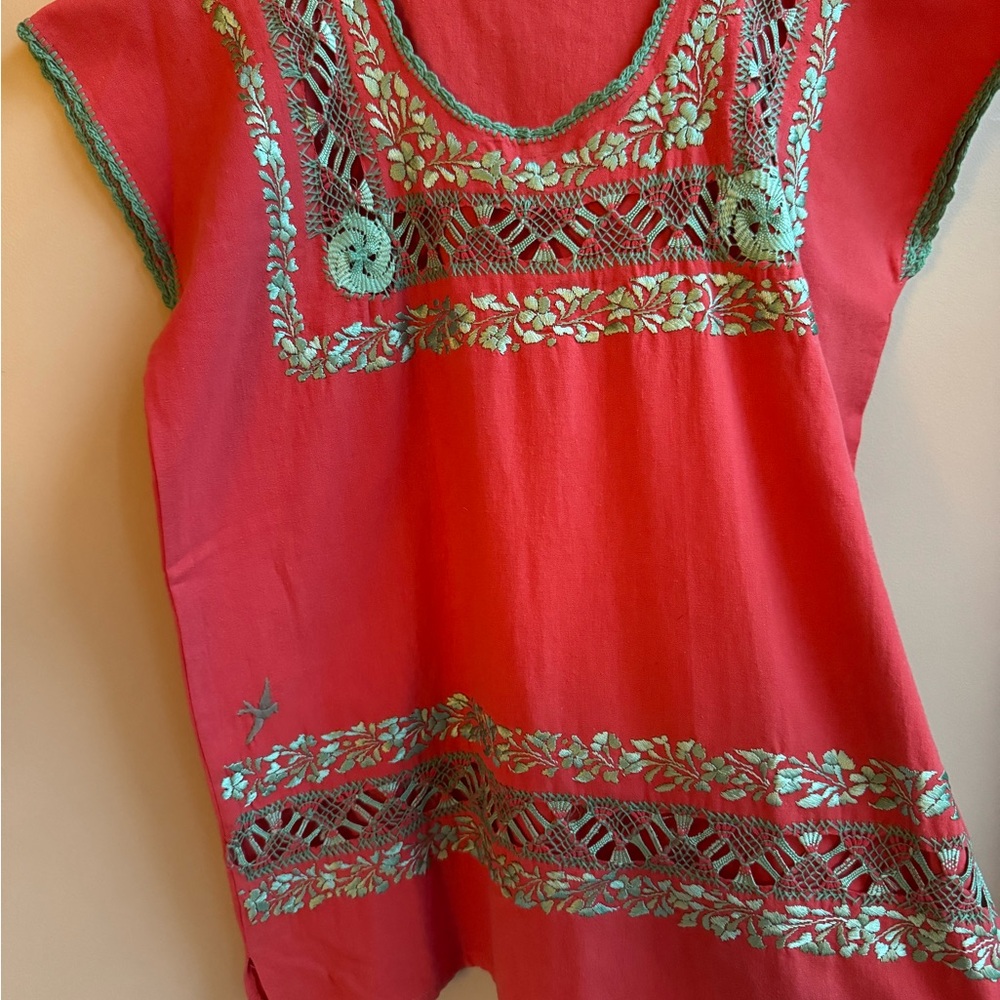 Embroidered Coral and Green Top